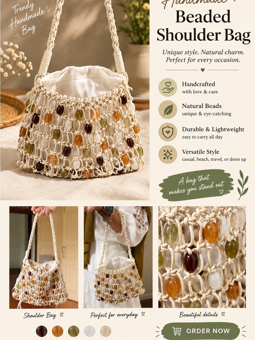 Handmade Beaded Shoulder Bag — Off white with Multi-Colored Beads